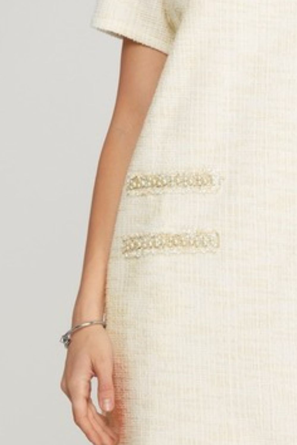 She + Sky Full Size Short Sleeve Pearl Studded Trim Knit Tweed Dress