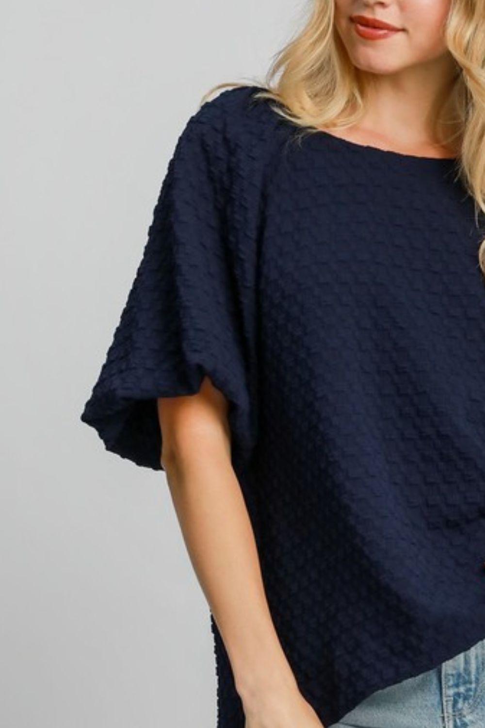 Umgee Full Size Boxy Cut Jacquard Round Neck Top with Side Slit Plus S